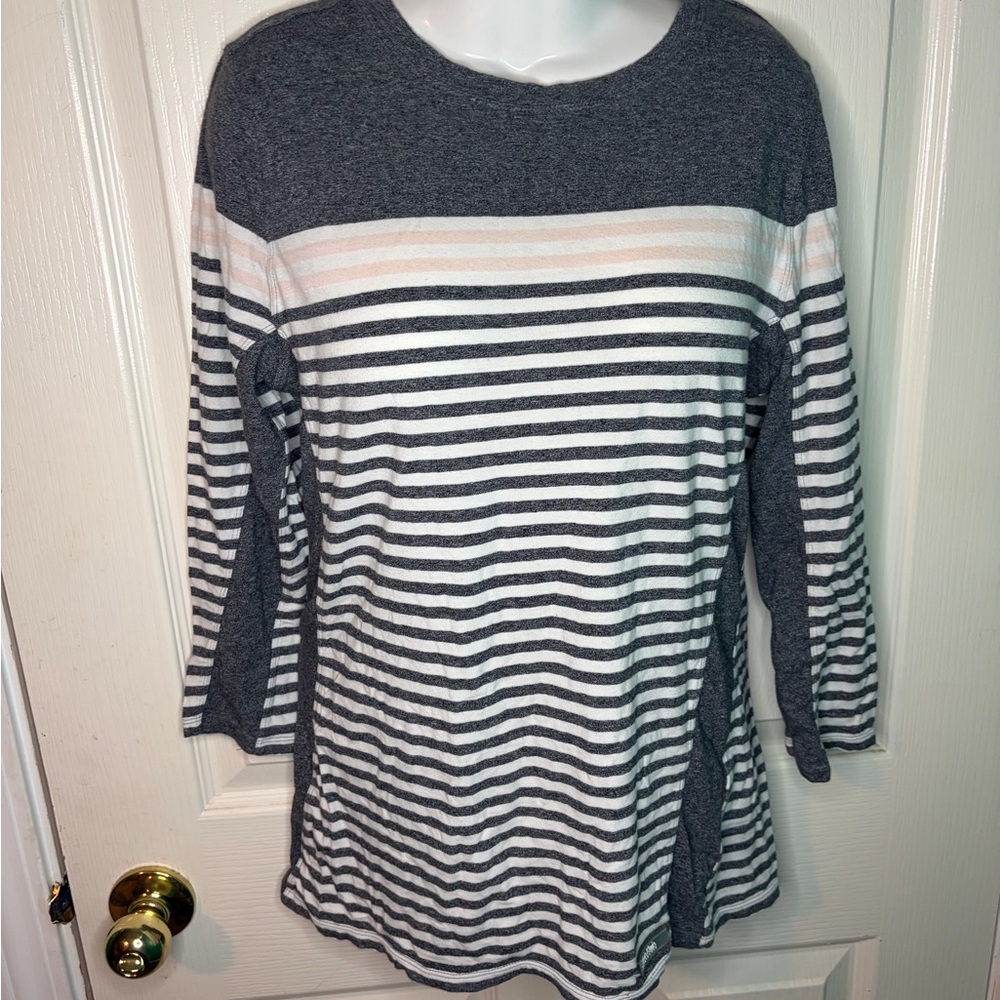 Calvin Klein Gray and White Striped Long Sleeve Tee